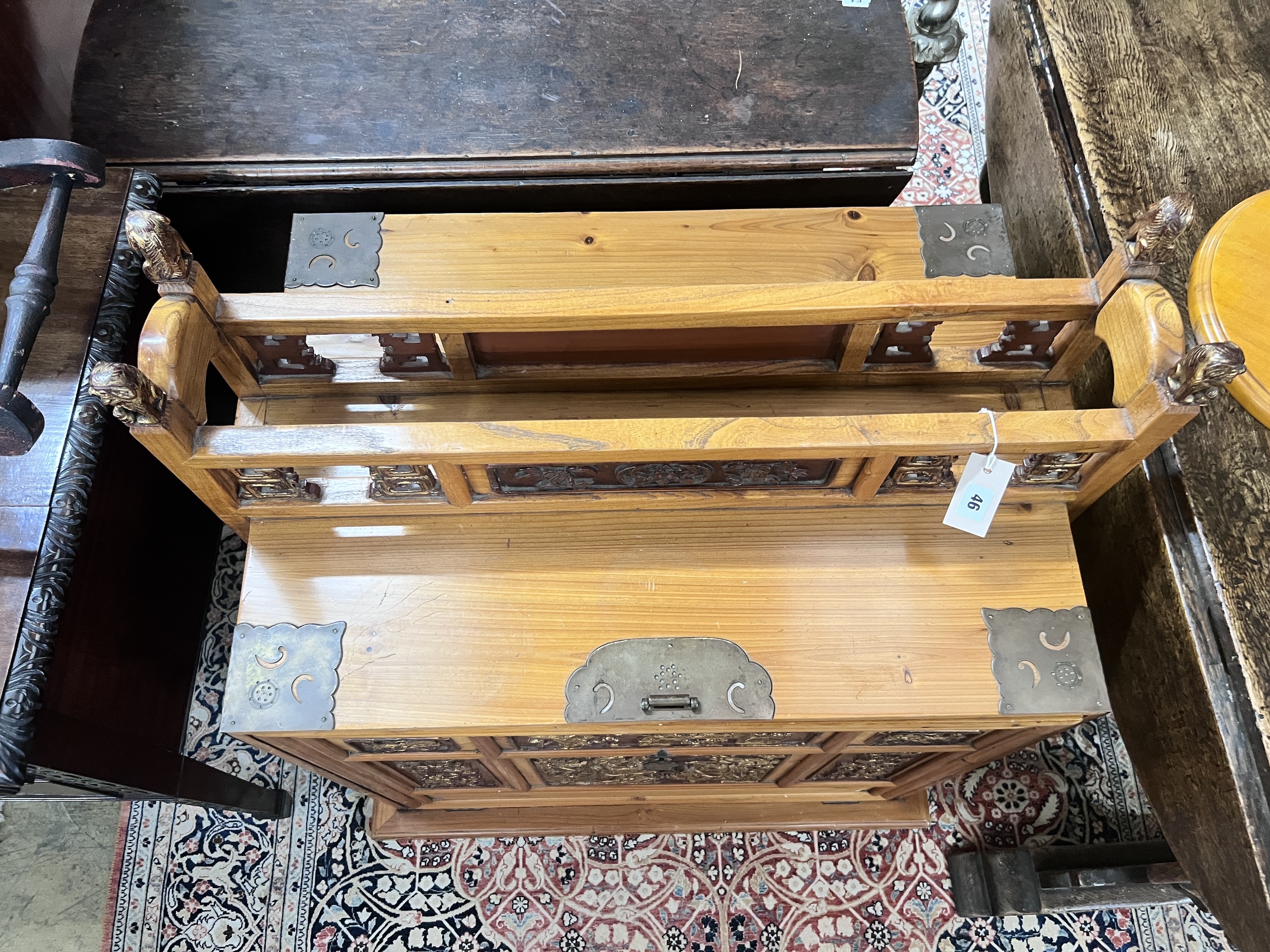 A Chinese brass mounted gilt painted pine fall front cabinet, width 80cm, depth 53cm, height 94cm